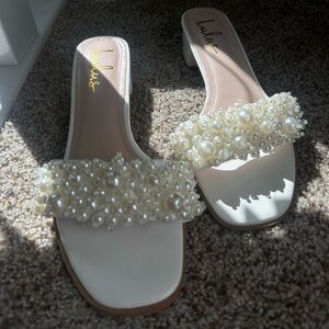 Lulu's Cream Pearl Embellished High He’ll Sandals